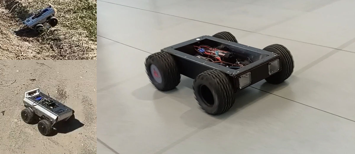 G-1 1/5-scale prototype driving across an open yard during a field test, with the front camera feed inset